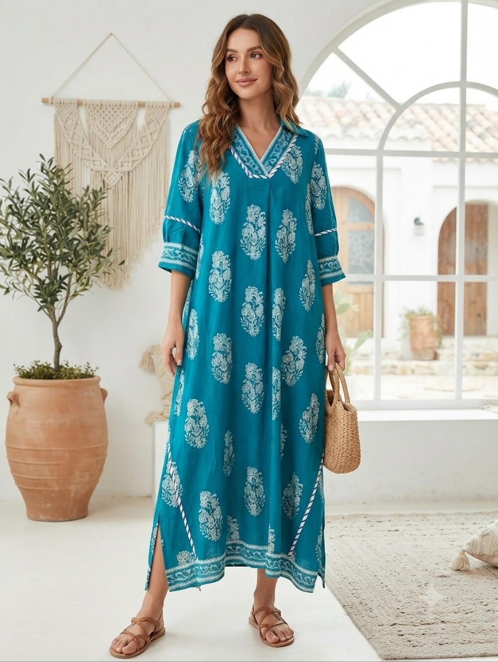 Umgee Jade Botanic Crest Collared Midi Dress